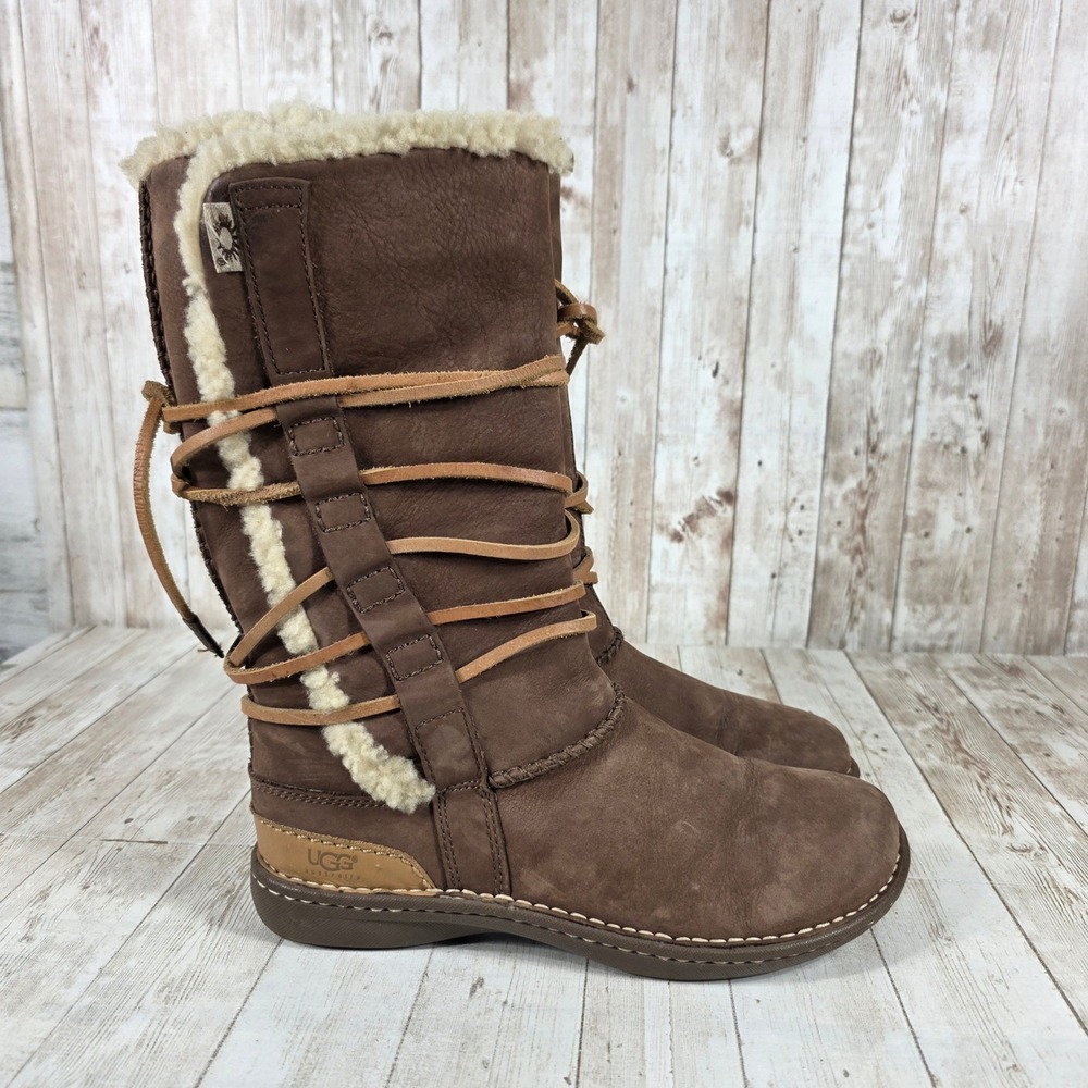 UGG Australia Sunburst Tall Brown‎ Leather Shearling Lace Up Boots 534 Womens 8